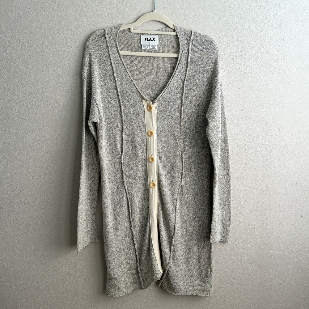 FLAX Wabi Sabi Long Open-Knit V-Neck Cardigan in Light Gray with Cream Placket